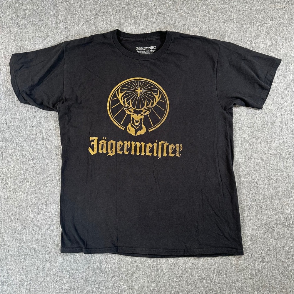 Jagermeister Mens Black Graphic T-Shirt Large Deer Logo Short Sleeve Cotton Tee